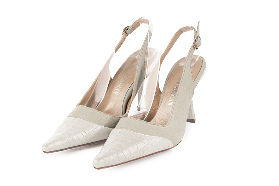 French elegance and refinement for these off white dress slingback shoes, 
                available in many subtle leather and colour combinations. For fans of a quirky "Rock" style pointed toe.
To be personalized or not with your materials and colors.  
                Matching clutches for parties, ceremonies and weddings.   
                You can customize these shoes to perfectly match your tastes or needs, and have a unique model.  
                Choice of leathers, colours, knots and heels. 
                Wide range of materials and shades carefully chosen.  
                Rich collection of flat, low, mid and high heels.  
                Small and large shoe sizes - Florence KOOIJMAN